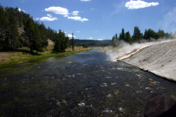 Grand Prismatic Spring flowing into Firehole River